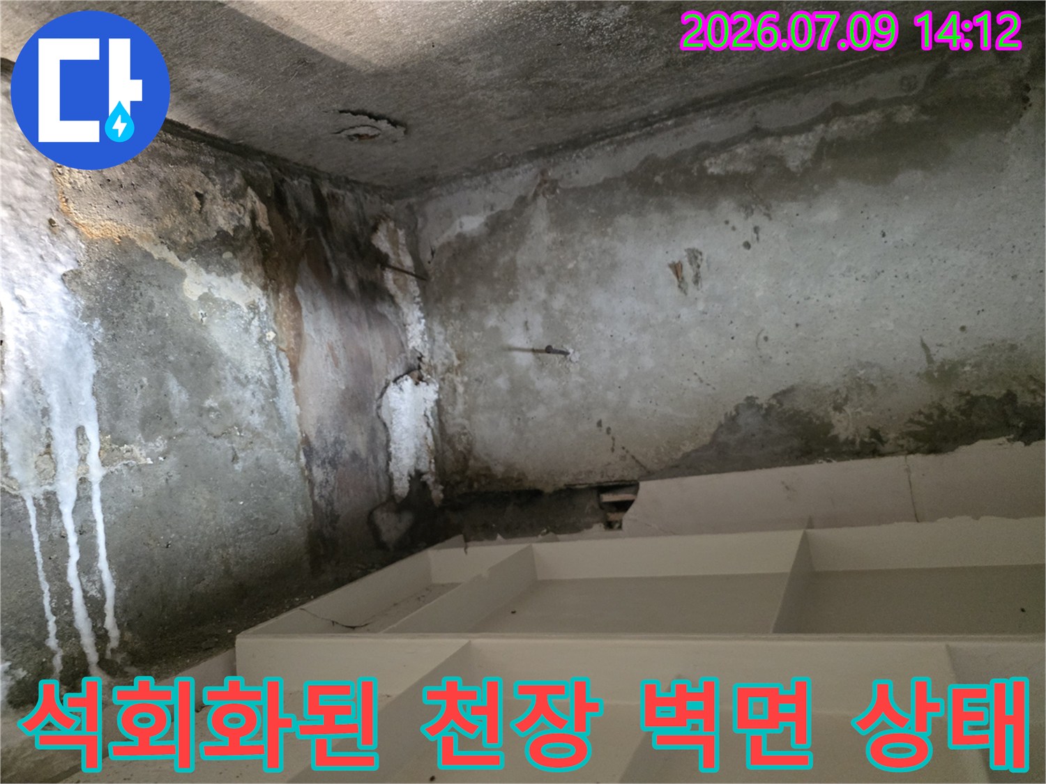 천장 콘크리트 표면에 하얗게 얼룩진 석회 및 누수 흔적과 습기 징후