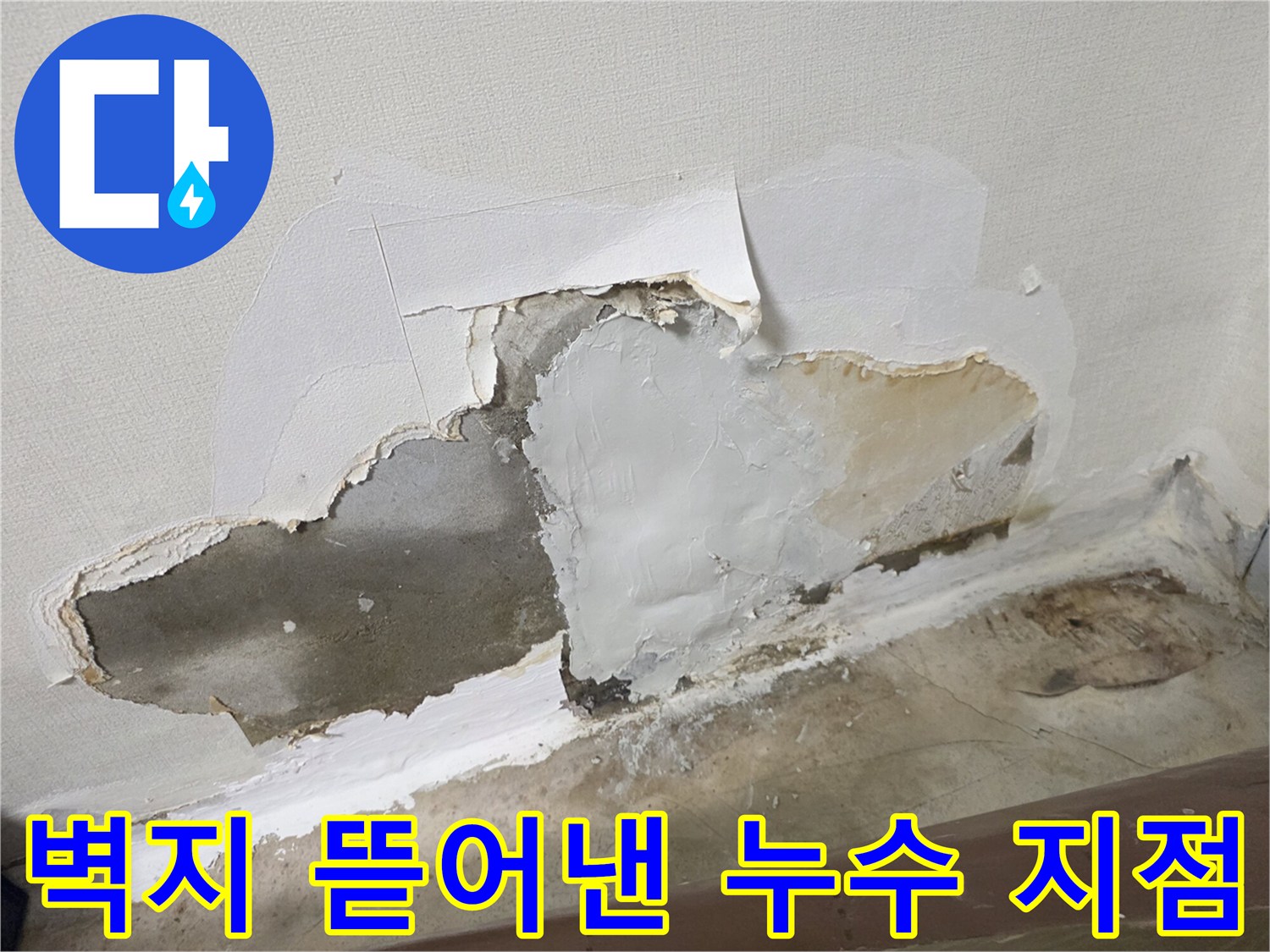 벽지를 제거하고 시멘트 벽면을 드러낸 누수 의심 부위입니다.