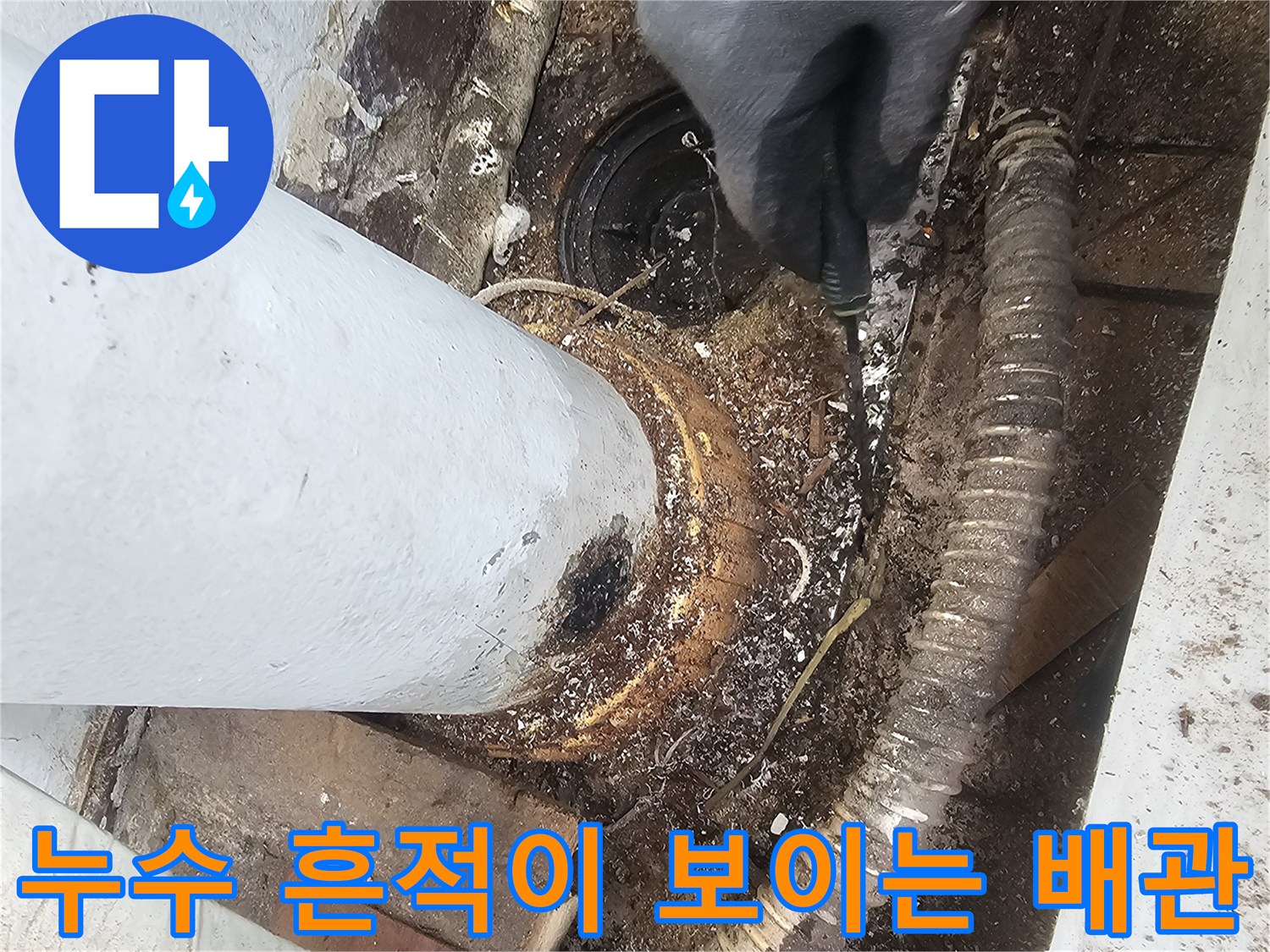 배수 파이프-연결 부위 주변의 습기와 오염된 이물질