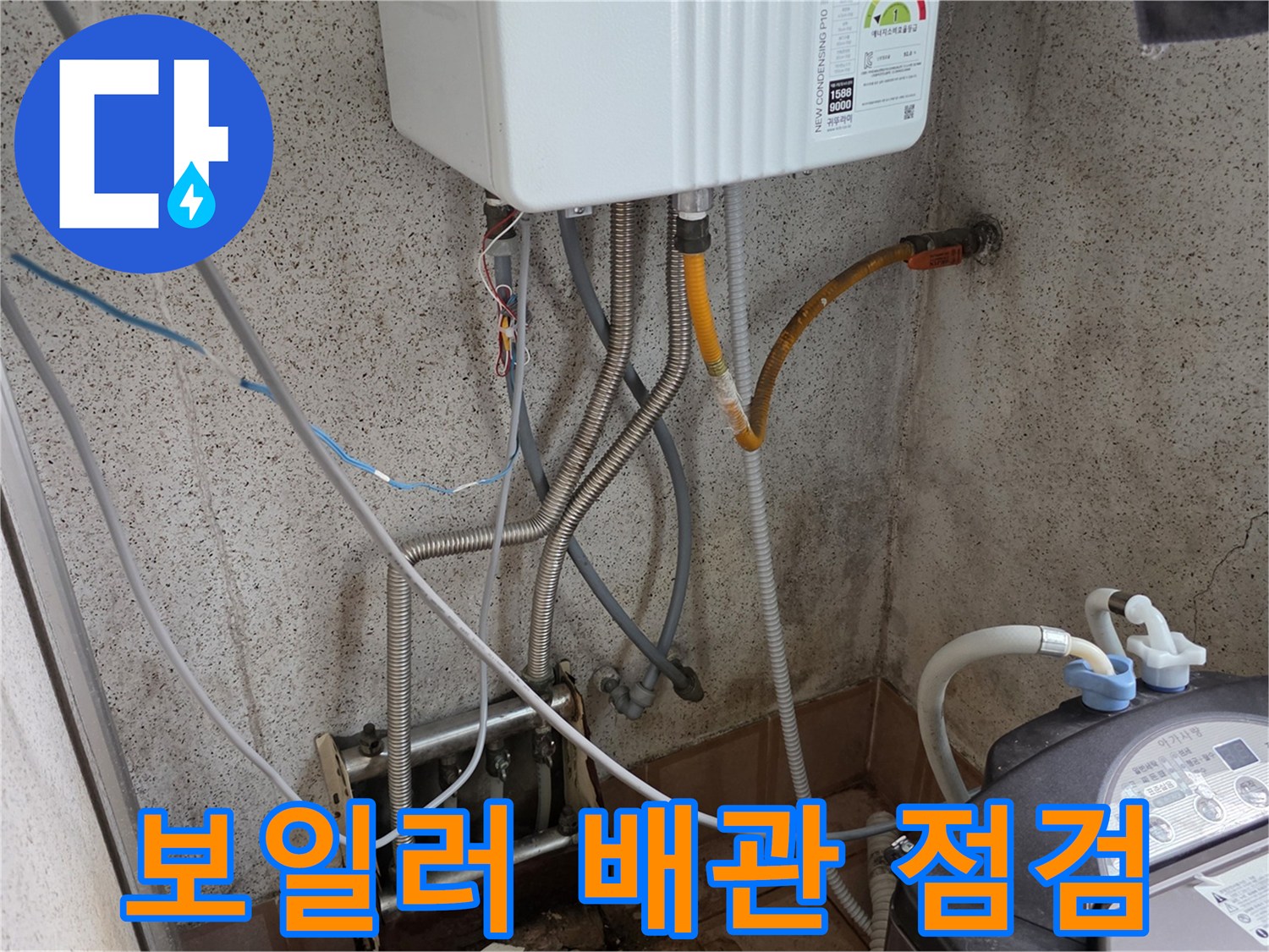 보일러 하단에 연결된 여러 개의 배관과 세탁기 호스를 점검하는 모습