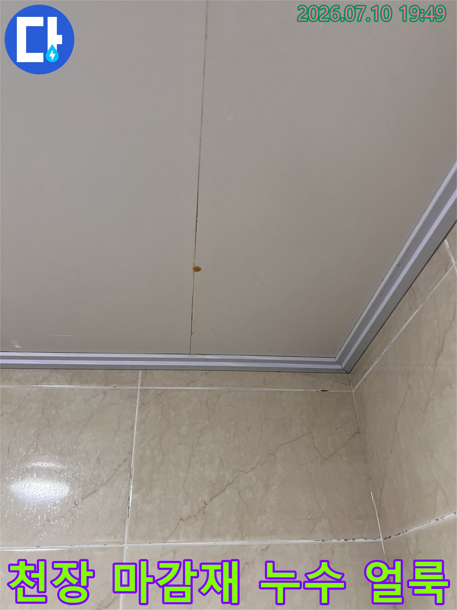 화장실 천장 면에 생긴 갈색 물자국과 오염된 상태