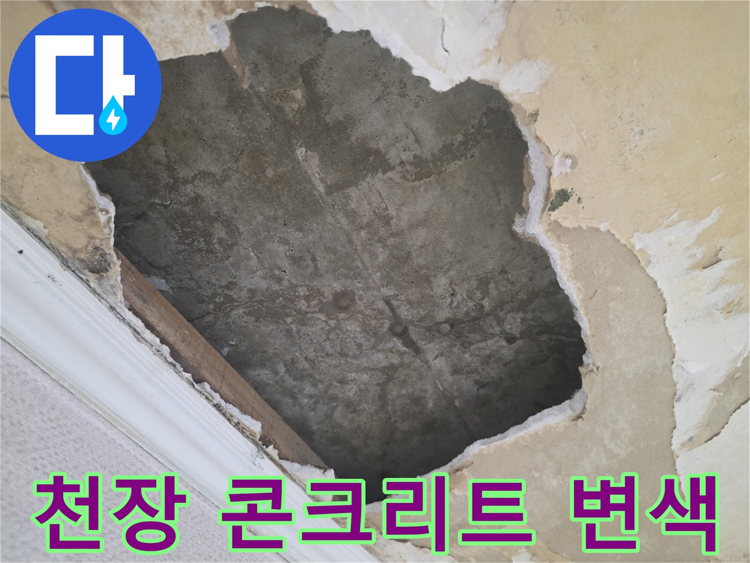 물이 스며들어-어둡게 변한 천장 내부 슬라브