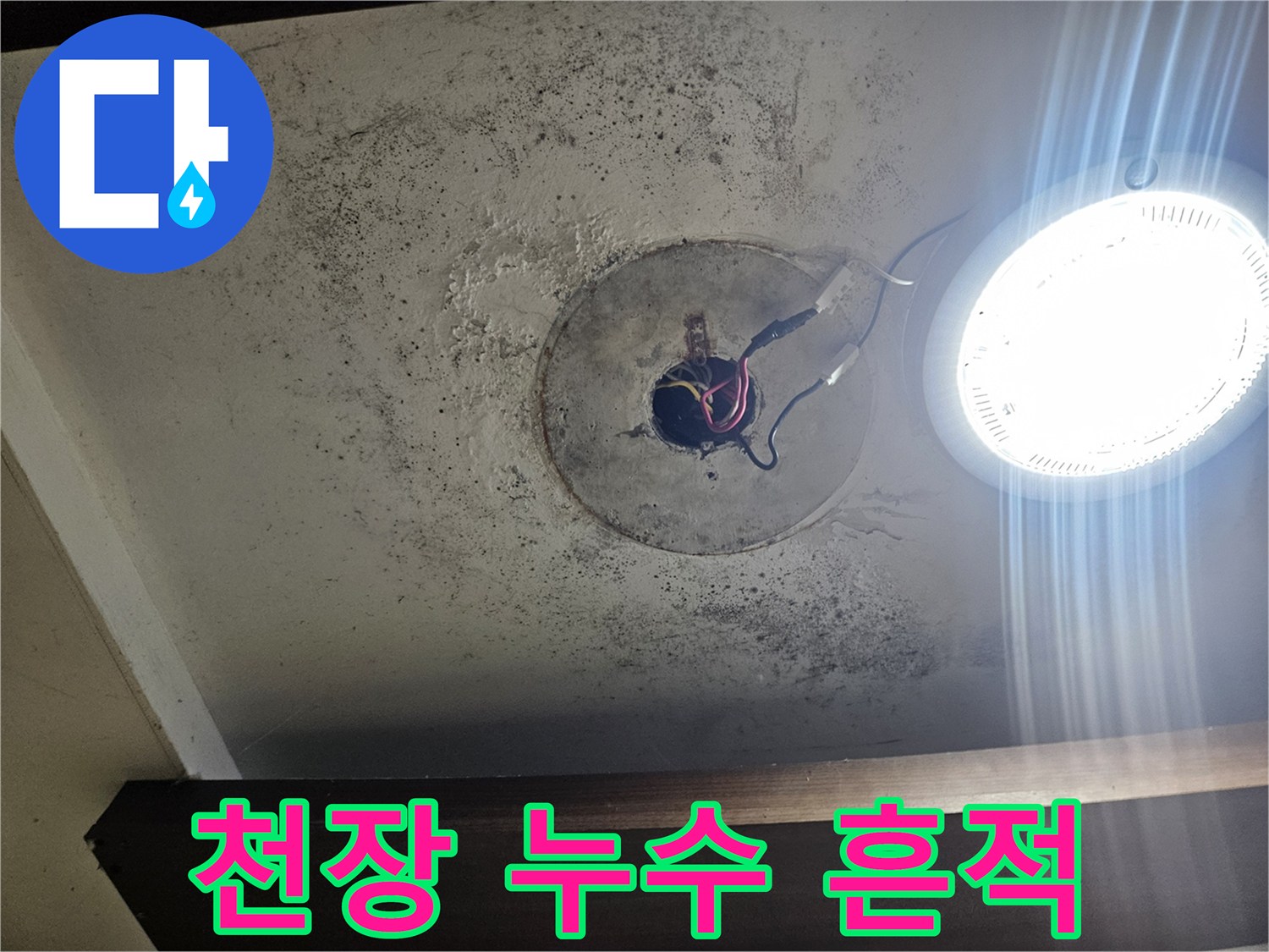습기로 오염된-필로티 천장의 배선 구멍과 물샘 자국