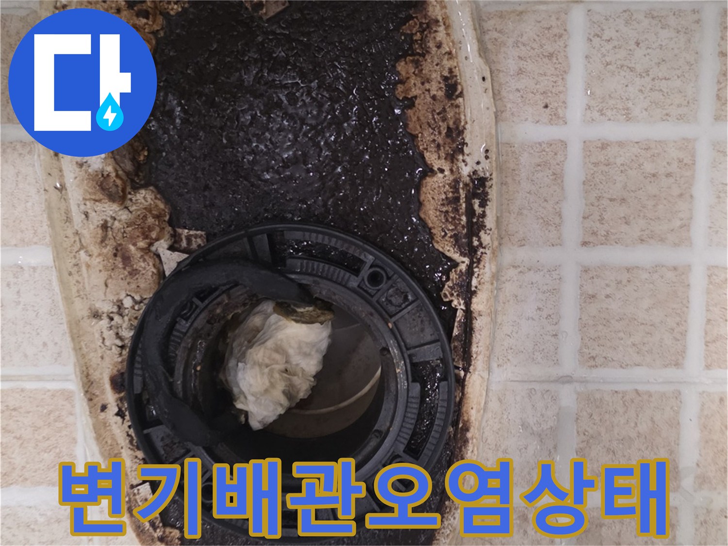 변기 탈거 후 확인된 오수관 주변의 심한 오염과 방수층 파손 상태