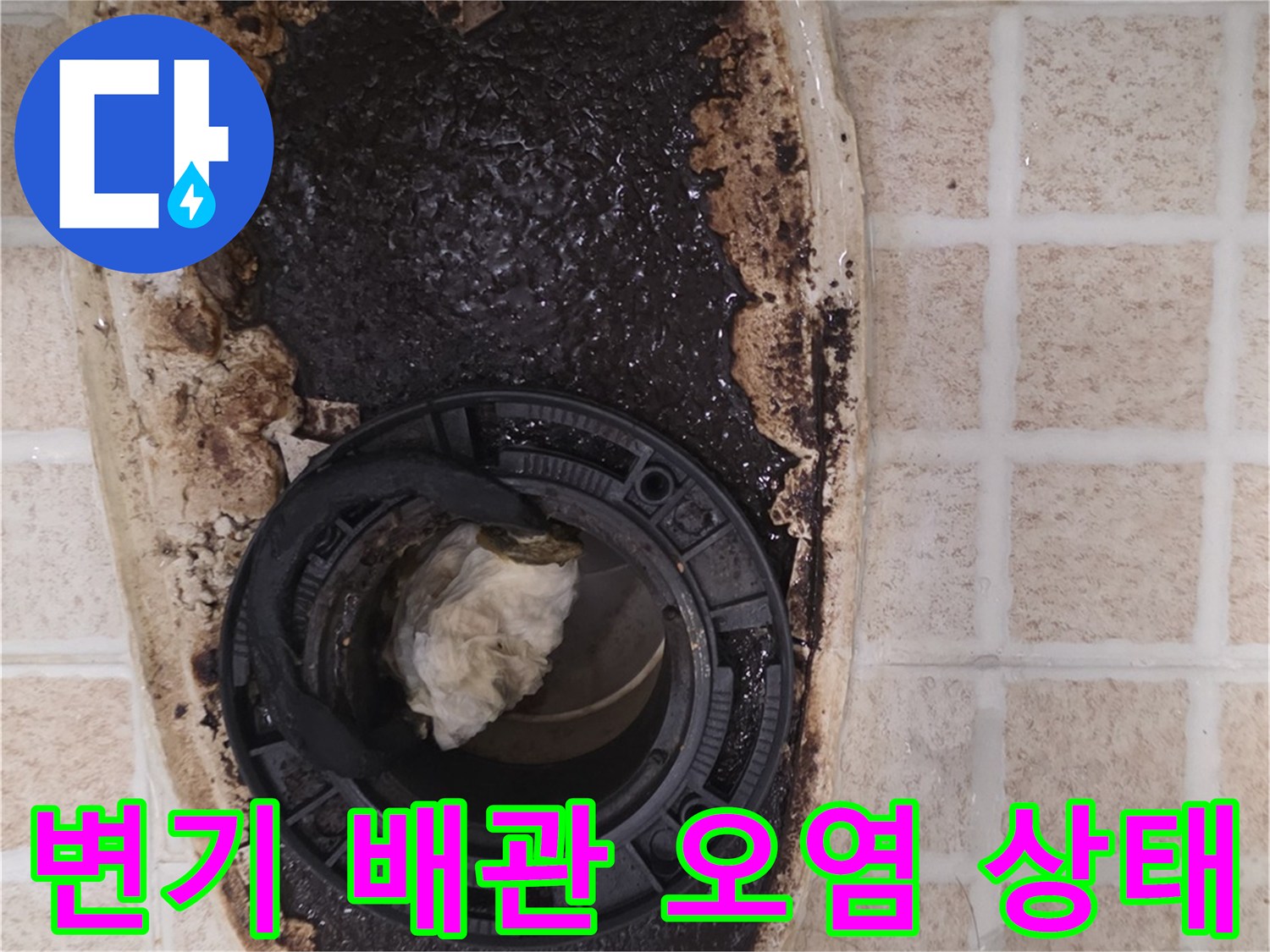 변기를 탈거한 후 드러난 오수관 주변의 심한 오염과 찌꺼기 상태