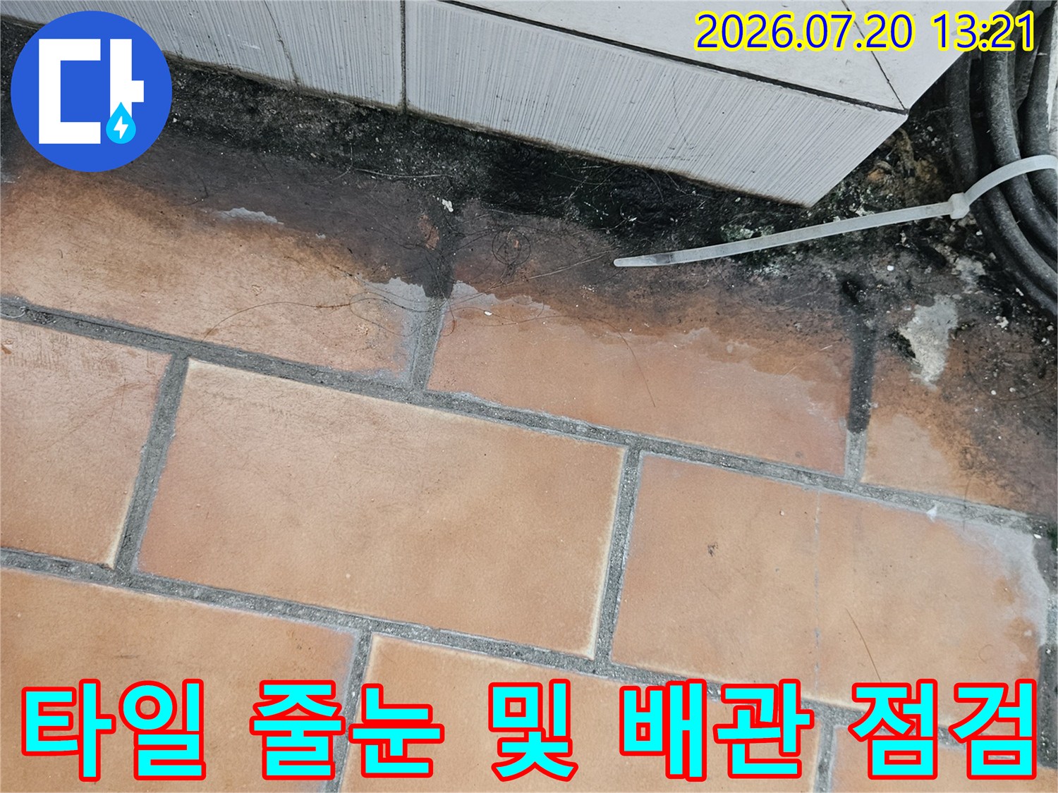 배관 주위 오염과 타일 줄눈 손상 부위 촬영
