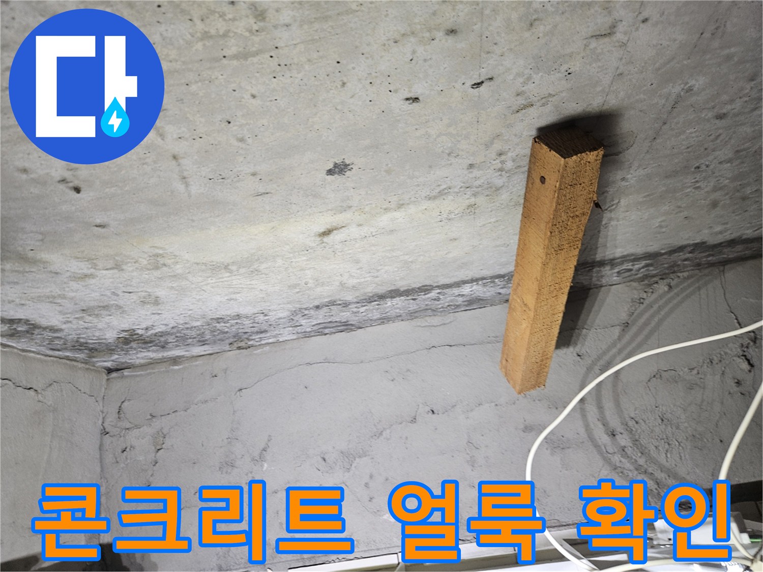 천장 구조물-습기가 스며든 콘크리트의 어두운 변색부