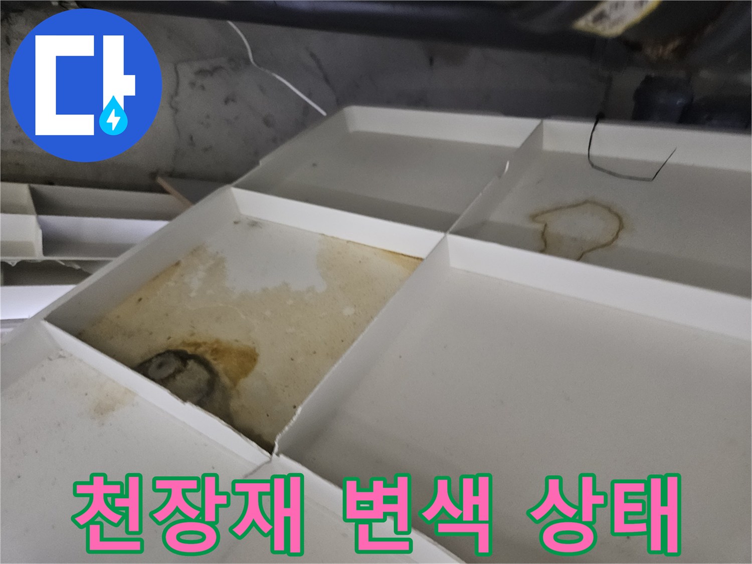 천장 텍스 판넬에 나타난 습기 침투 흔적