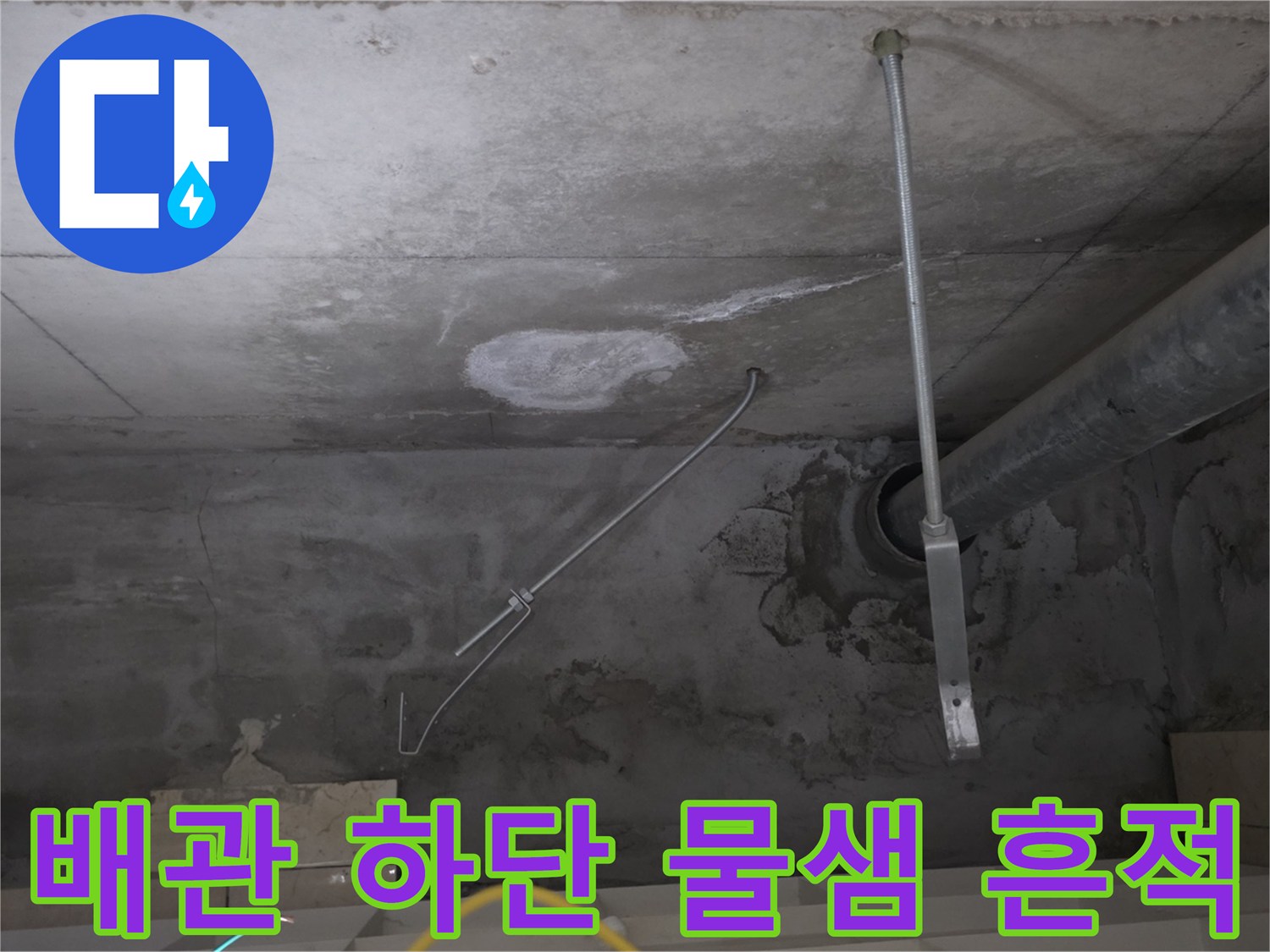 천장 배관 주변에 발생한 백화 현상과 젖은 콘크리트 표면