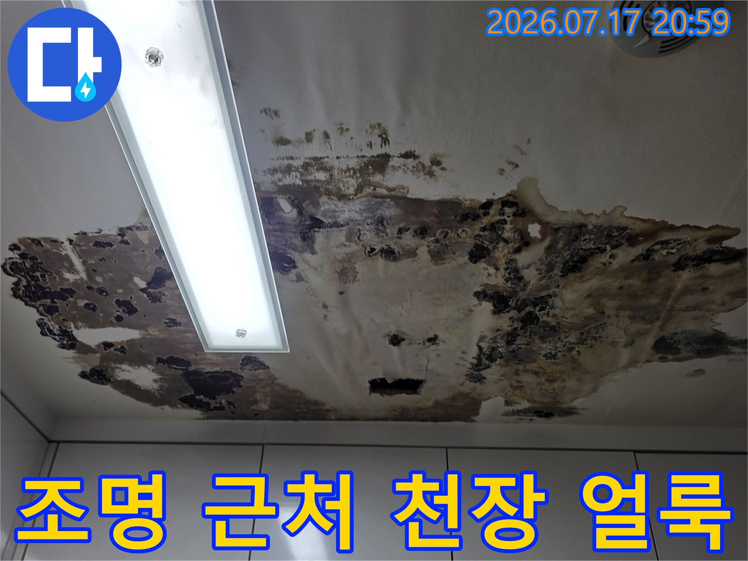 조명기구와 인접한 부위에 발생한 누수 흔적과 얼룩