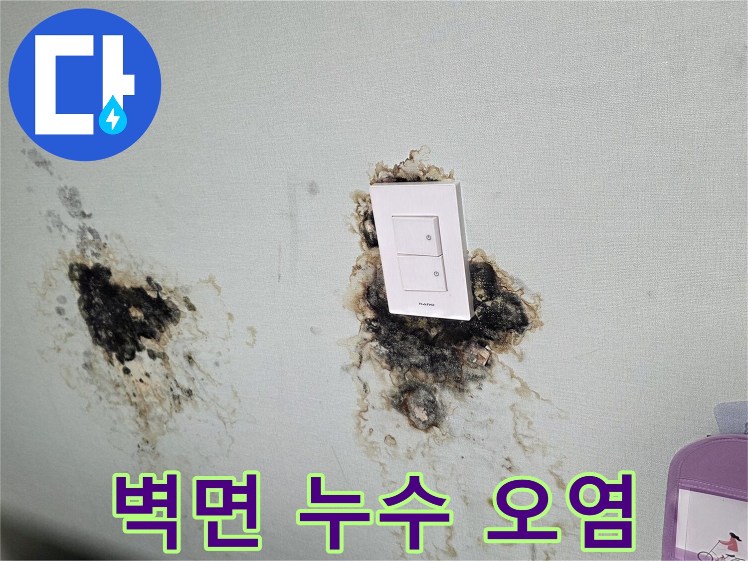 스위치 옆쪽-심각하게 변색된 벽지 및 곰팡이 부위