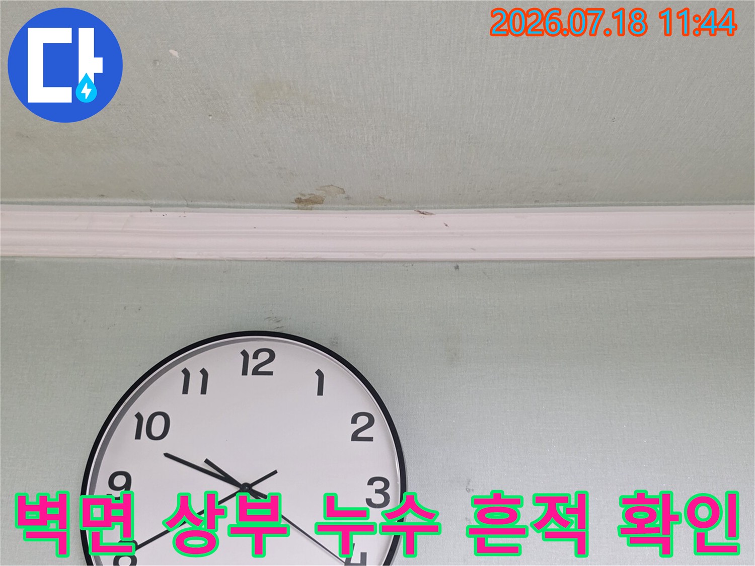 천장과 벽 경계에 나타난 지속성 있는 배관 누수 증거