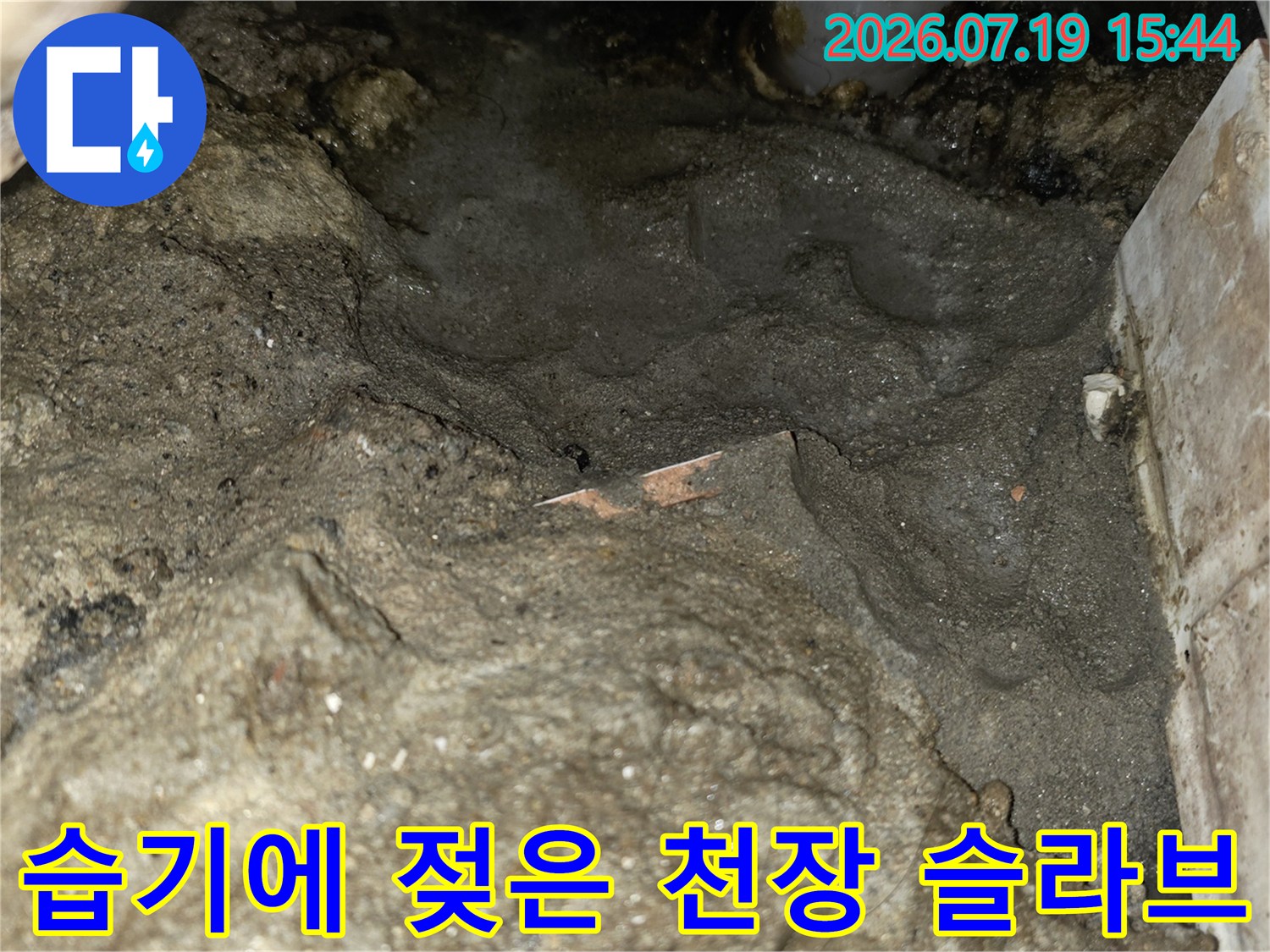 습기로 인해 색이 변하고 거칠어진 화장실 천장 콘크리트 면-누수 현장