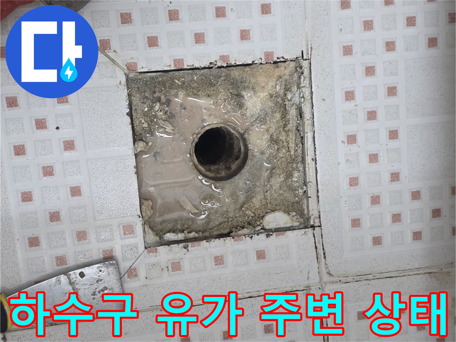 화장실 하수구-유가 주변 타일 틈새와 오염된 배관 부위