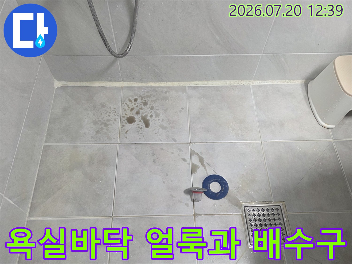 샤워실 바닥 타일에 갈색 얼룩이 보이고-배수구 주변에 파란색 고무링이 놓여 있는 모습