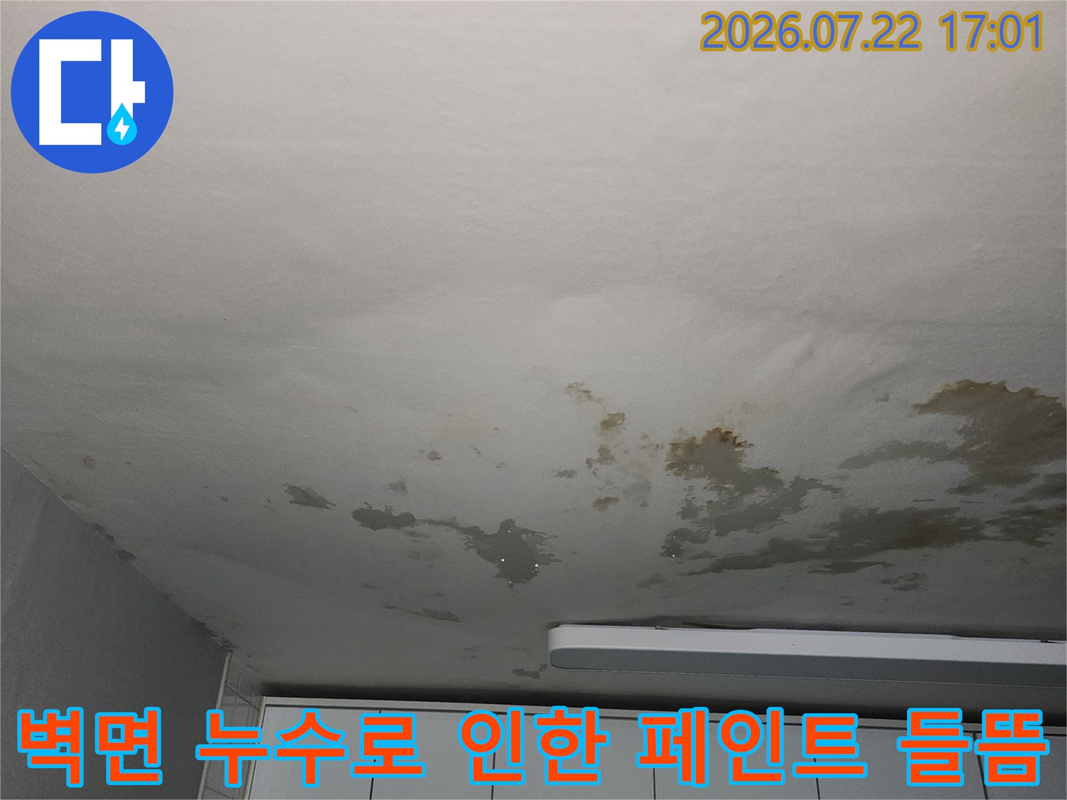 누수로 인해 하얗게 부풀어 오르고 벗겨진 벽면 마감재 모습