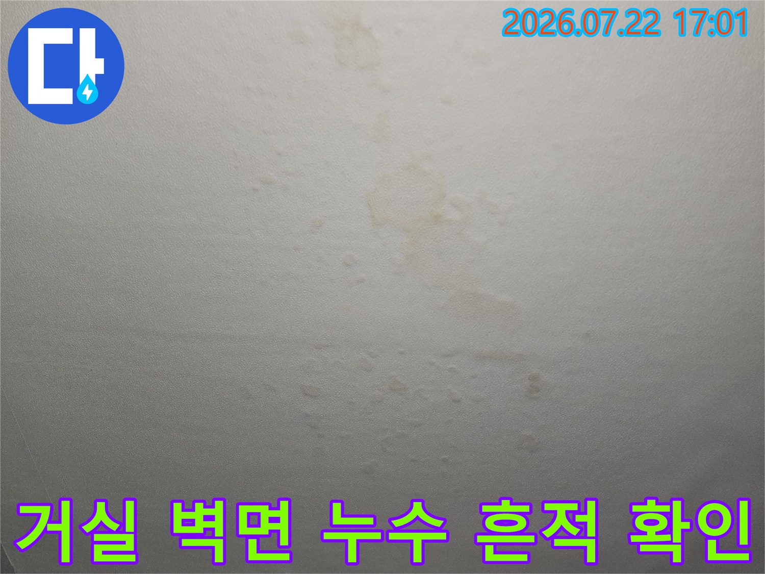천장 마감재에 나타난 습기 얼룩과 누수 경로를 보여주는 사진