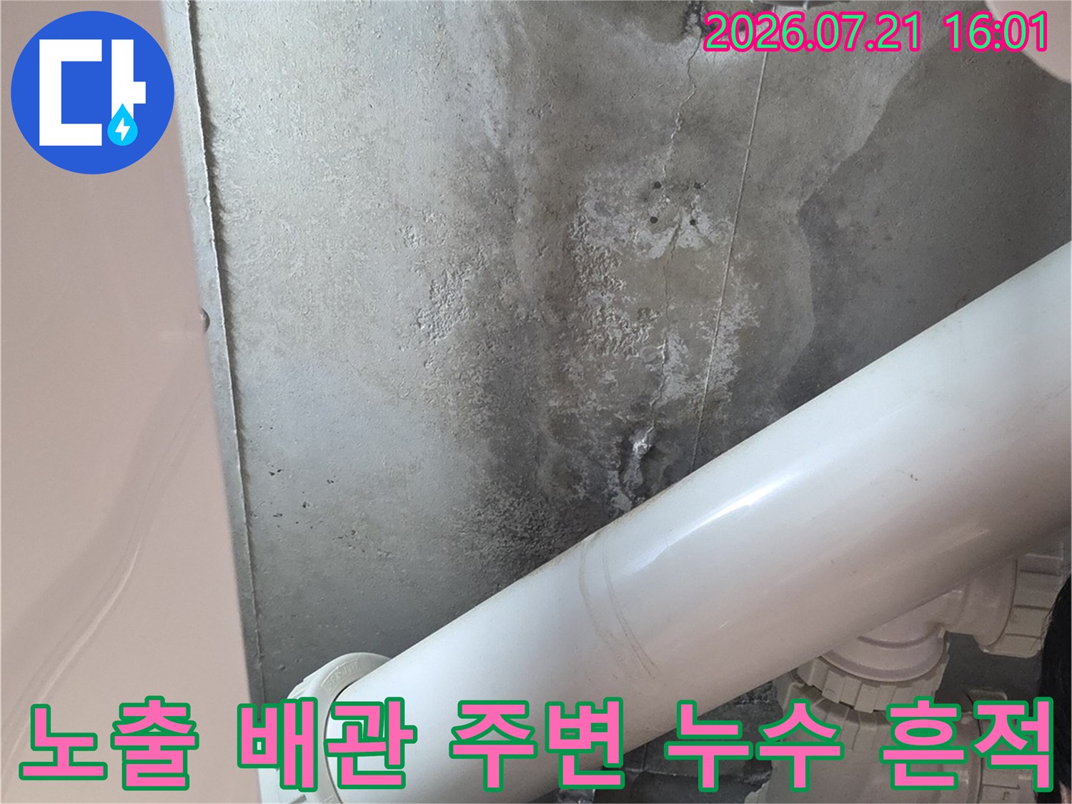 배관 연결부의 백화 현상과 누수로 인한 곰팡이성 얼룩