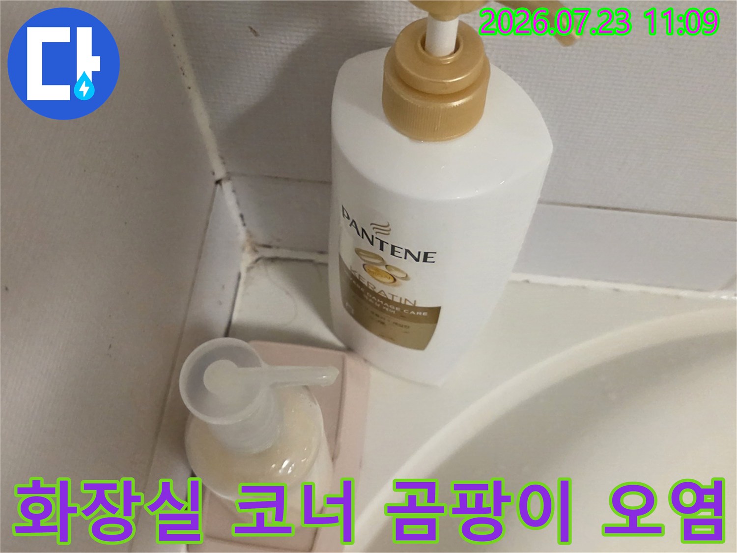욕실 타일 모서리와 실리콘 부위에 검게 변색된 곰팡이 흔적-누수 의심 구간