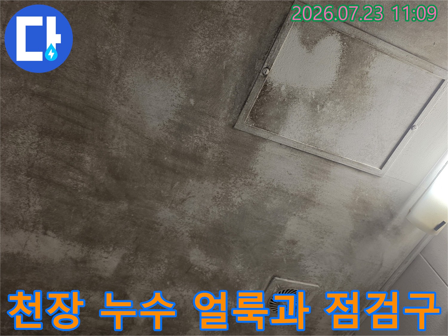회색 콘크리트 천장에 물자국 얼룩이 퍼져 있고 사각형 점검구가 설치된 모습