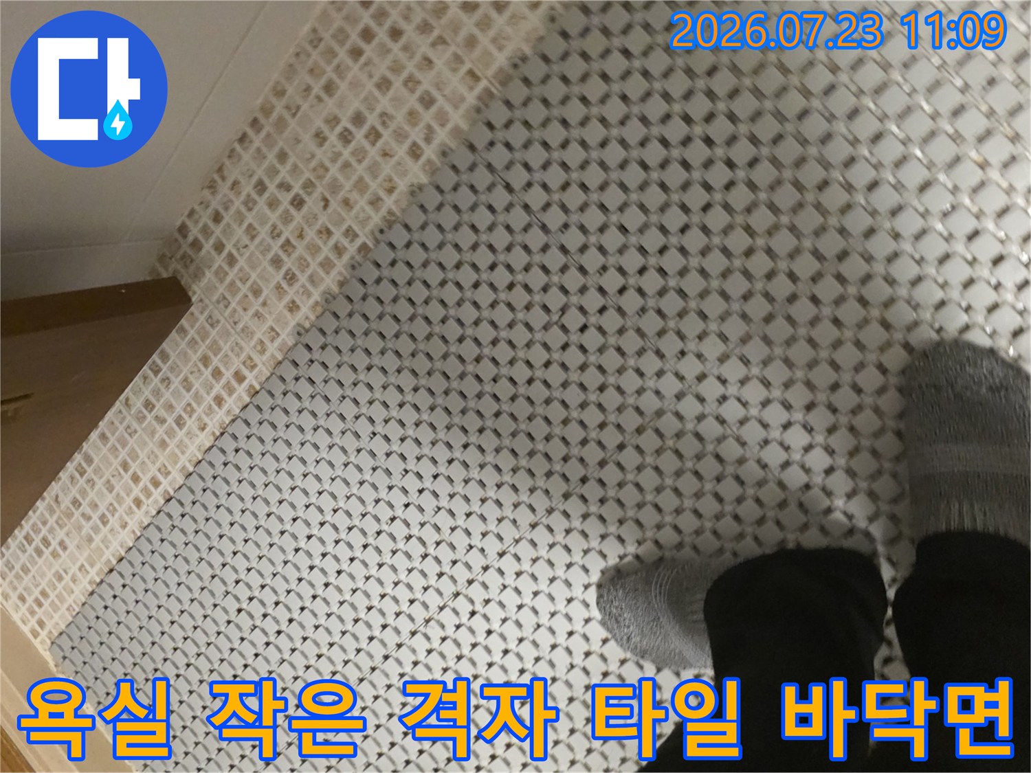 회색과 흰색이 교차하는 모자이크 패턴의 화장실 바닥 타일-근접 촬영