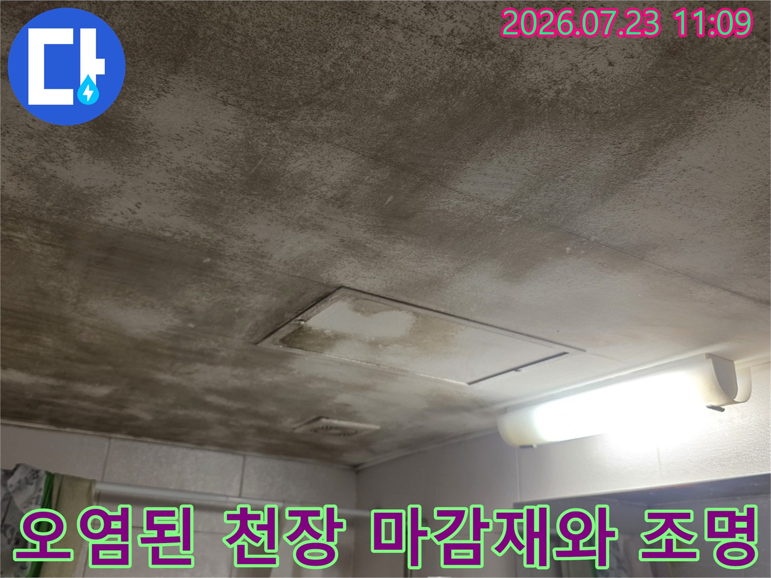 흰색 천장 패널에 누수로 인한 갈색 얼룩이 찌들어 있고 매립형 전등이 설치된 모습