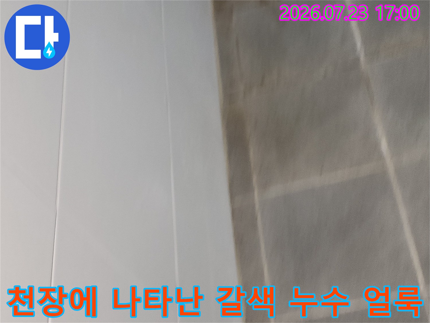 거실 천장의 마감재가 물에 젖어 변색된 모습-누수 피해 사진