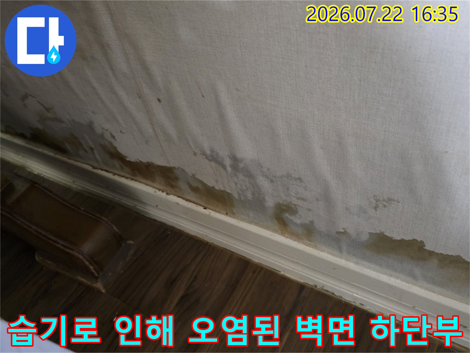 바닥 걸레받이 위쪽으로 갈색 물자국과 곰팡이가 넓게 퍼진 벽지의 모습