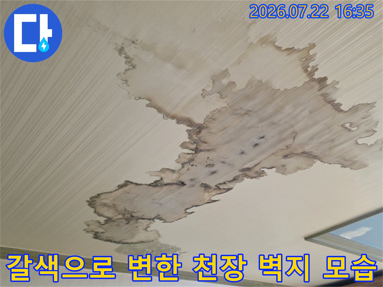 천장 마감재에 스며든 물로 인해 발생한 불규칙한 형태의 갈색 오염 부위