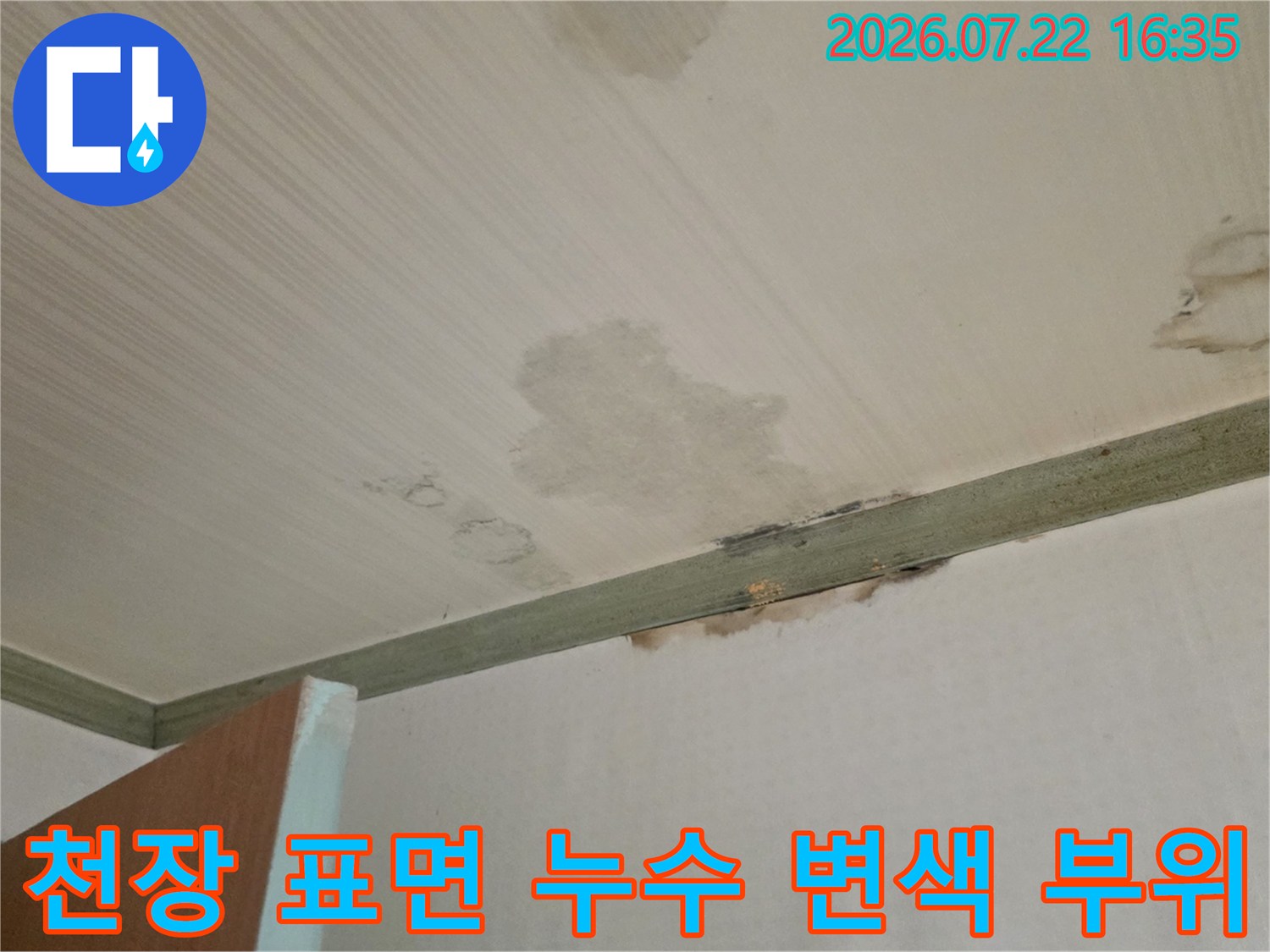 천장의 흰색 도배지 위에 발생한 노란색 물 얼룩과 곰팡이 자국