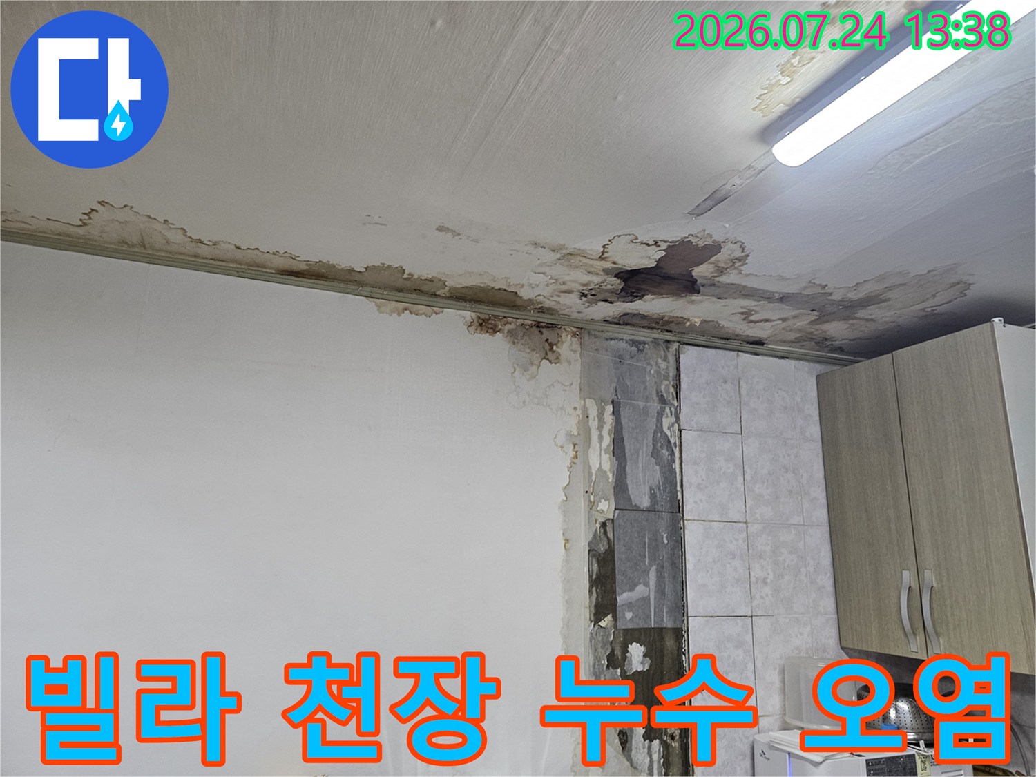 반지하 빌라-주방 근처 천장에서 발생한 심한 누수 얼룩과 곰팡이 현상