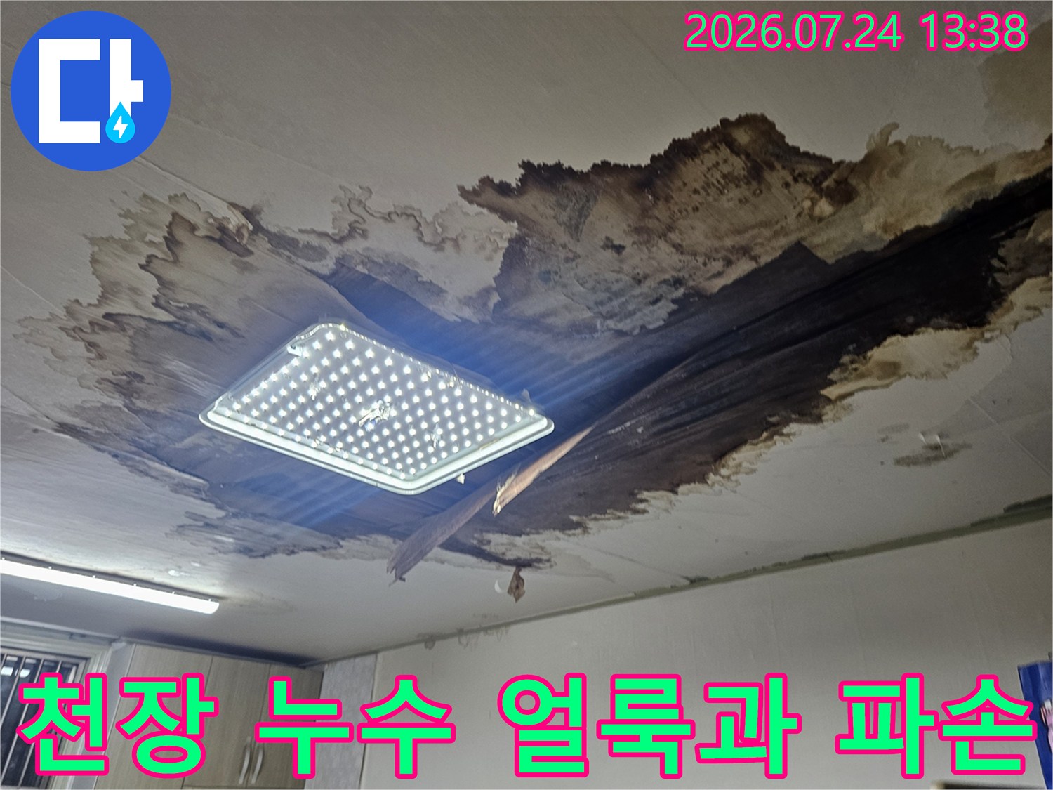 천장 마감재가 썩어 내려앉고 검은색 물 얼룩이 심하게 퍼진 모습