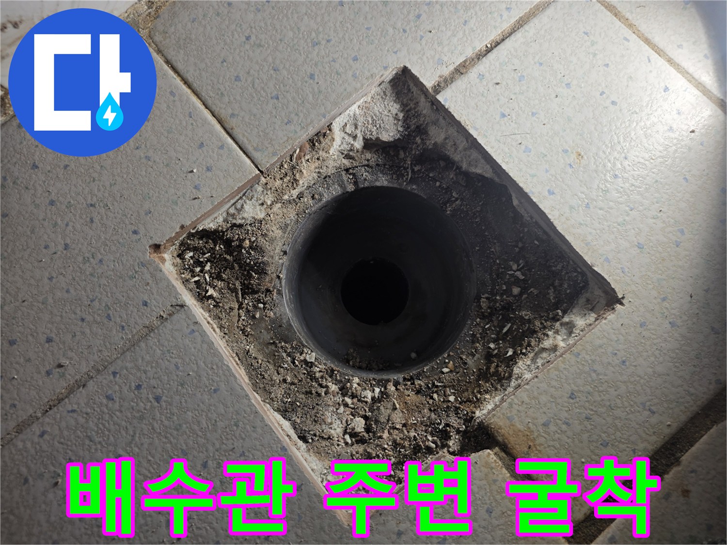 유가 탈거 후 드러난 배수관 입구와 타일 틈새
