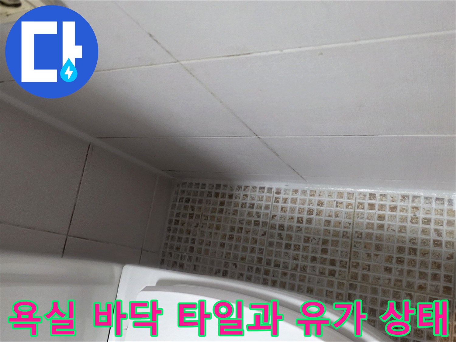 마포구 욕실 현장의 작은 모자이크 타일과 배수구 주변 모습입니다.