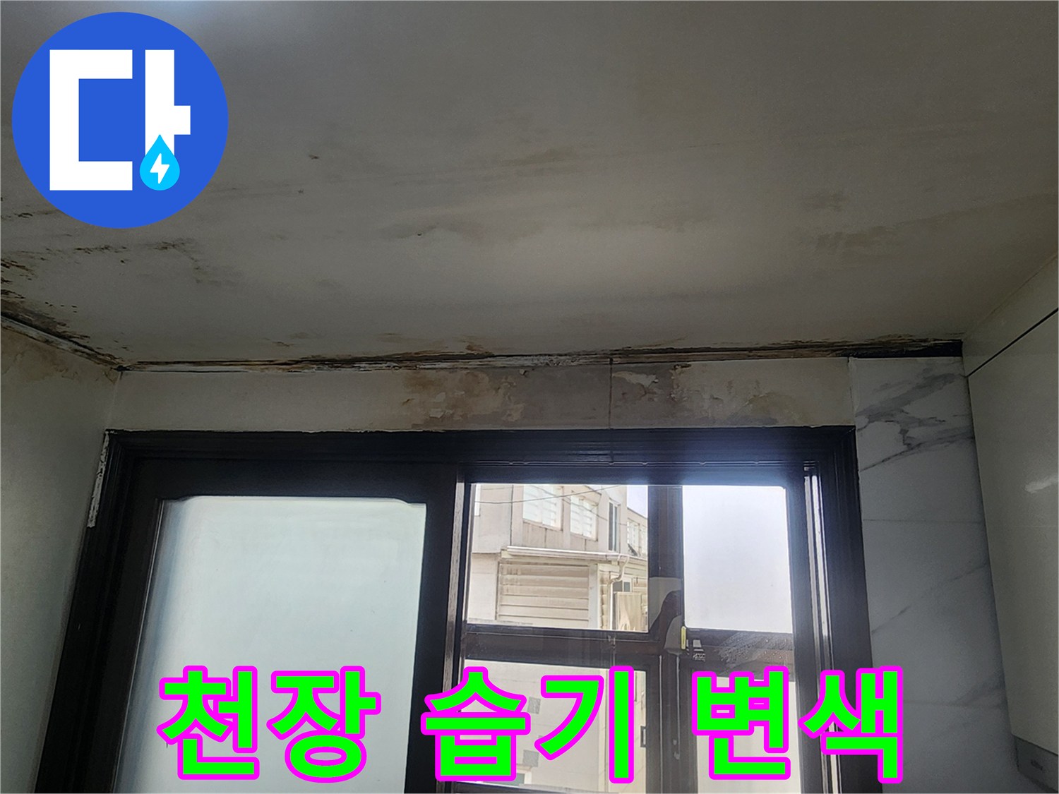 주방 천장 가장자리-습기로 인한 어두운 얼룩