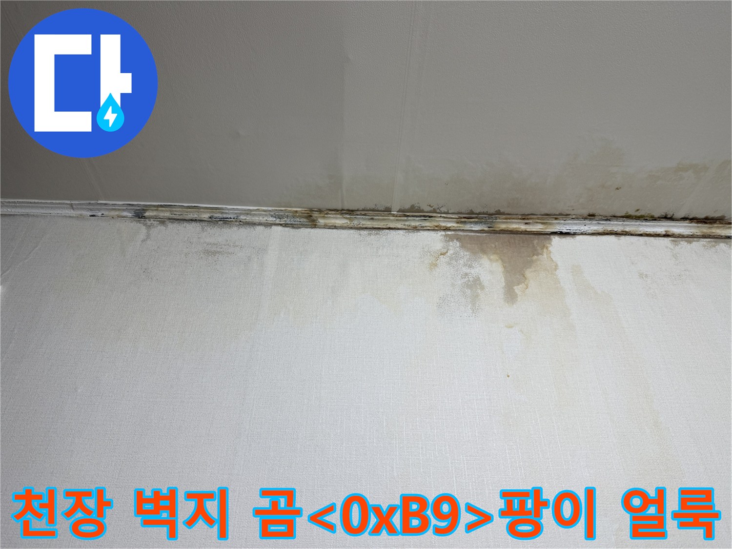 천장과 벽면 사이-물샘으로 인한 변색된 벽지