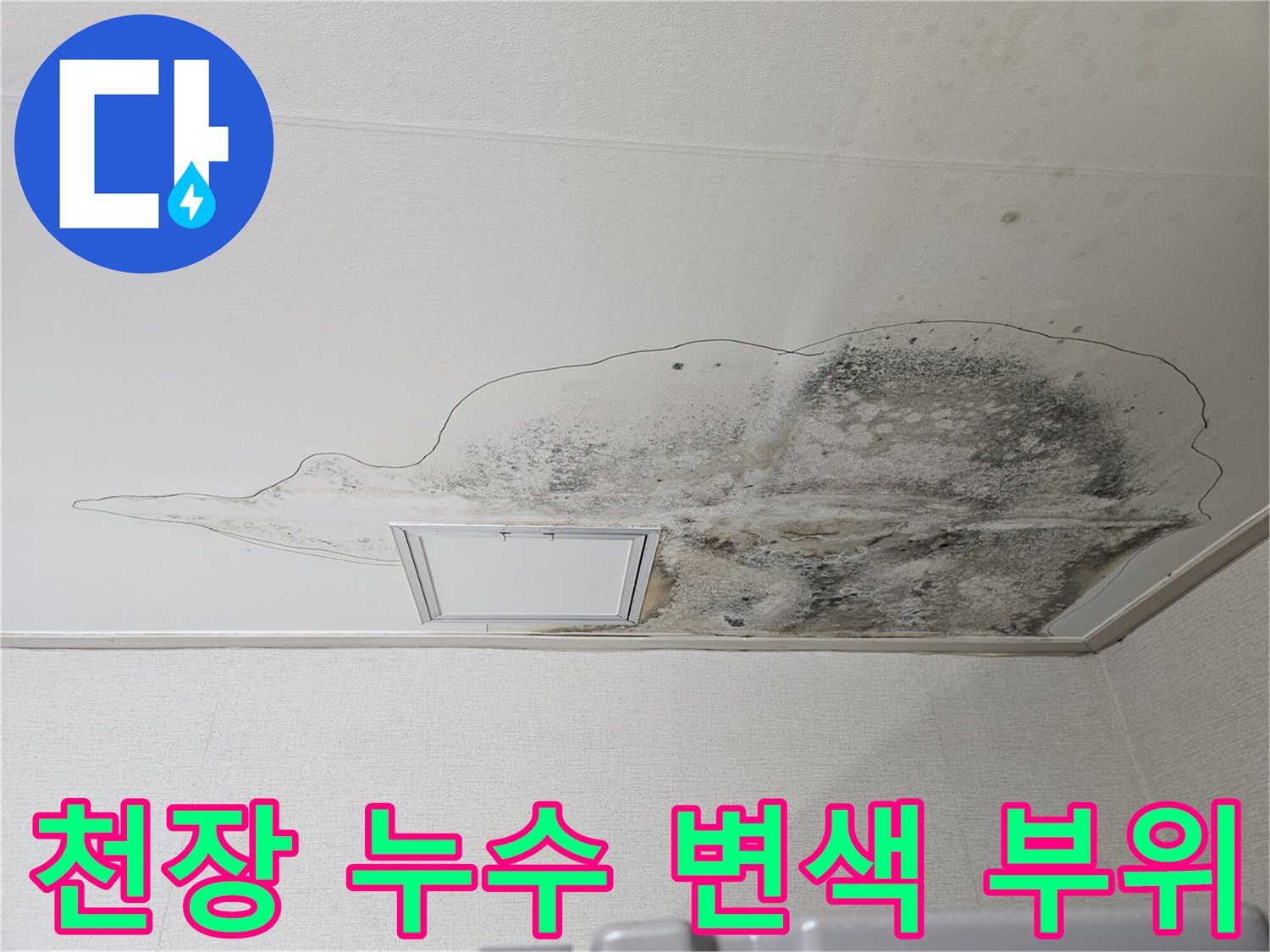 물샘으로 인해 오염된 주방 천장 마감재 상태