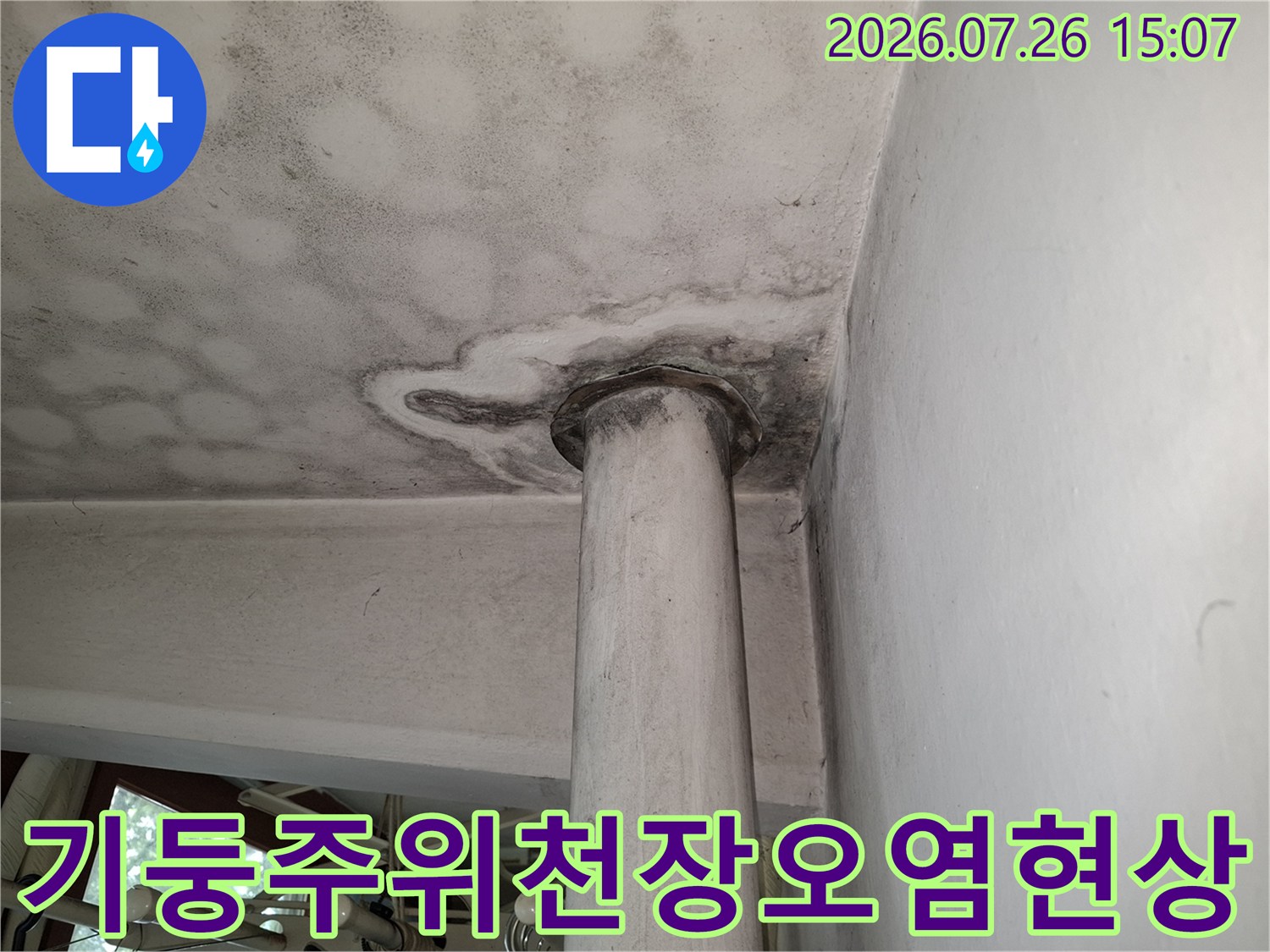 하얀색 천장 마감재 위로 기둥 테두리를 따라 형성된 짙은 회색의 누수 오염 부위