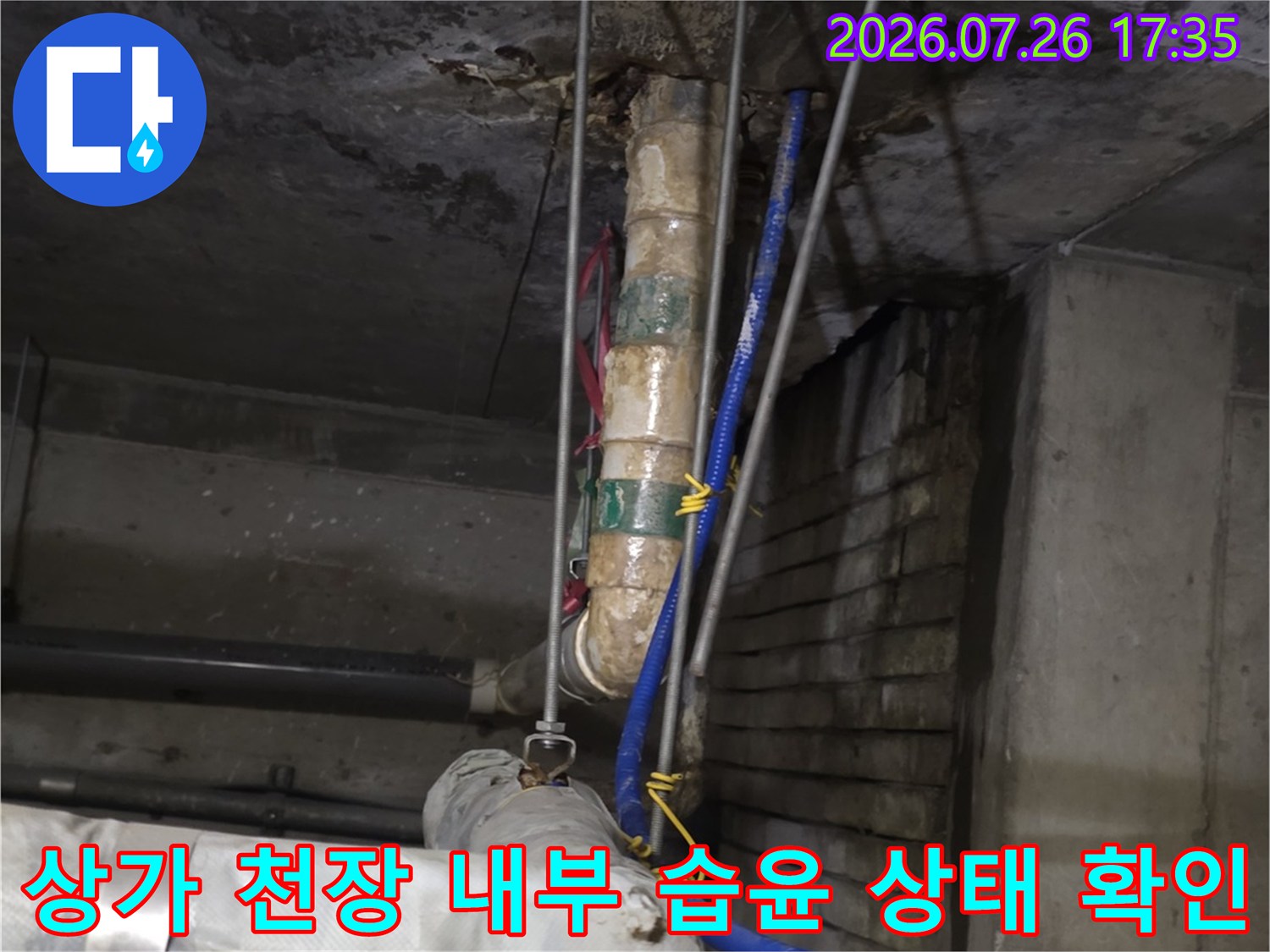 천장 슬래브 아래로 설치된 복합 배관들과 물기가 스며든 콘크리트 표면-배선 구조
