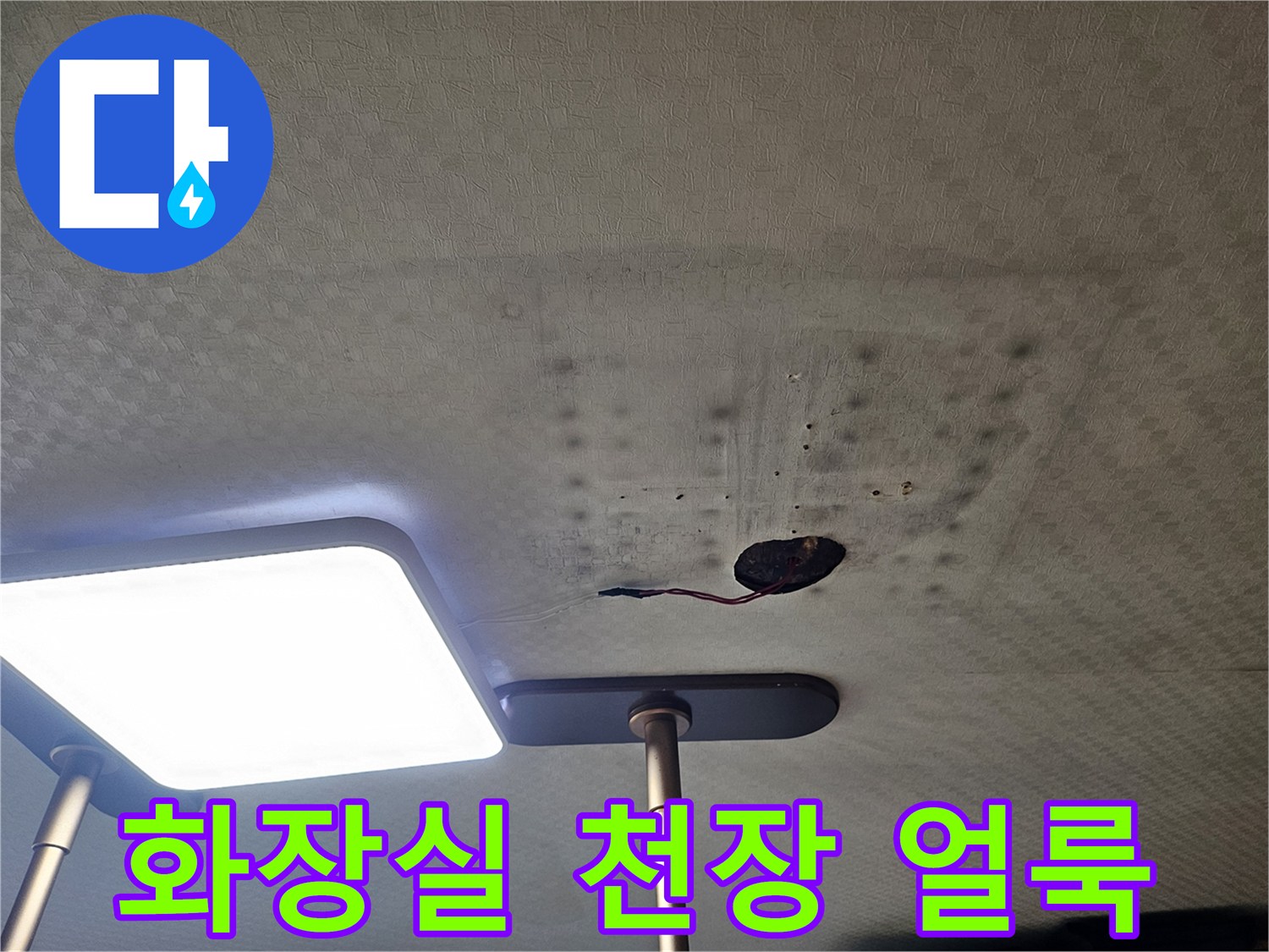 화장실-천장-텍스-부위의-젖은-얼룩과-배관-구멍