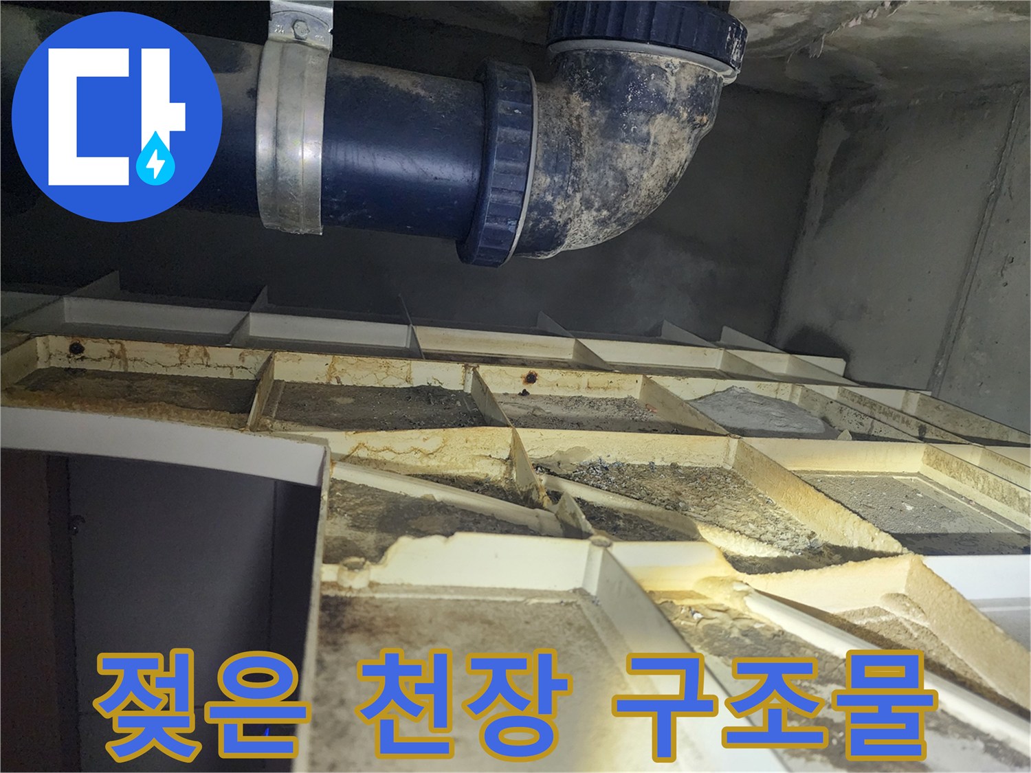 습기로 오염된 천장 내부-하수 배관 연결 부위 점검