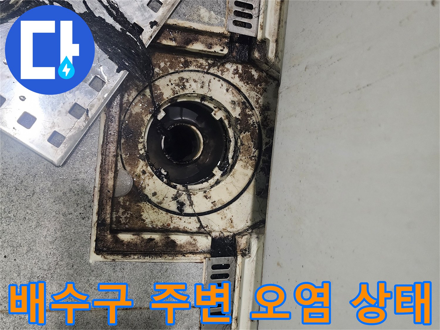 욕실 바닥 배수구 주변의 찌꺼기와 검은색 물때가 섞인 오염된 모습입니다.