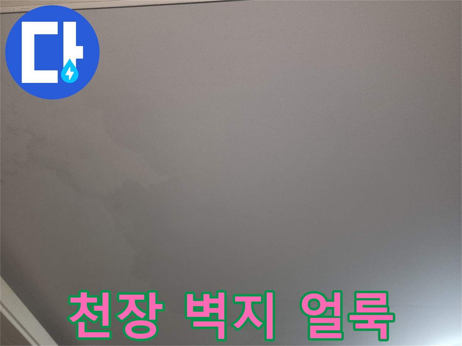 천장 벽지에 생긴 물자국과 습기로 인한 변색 부위 사진입니다.
