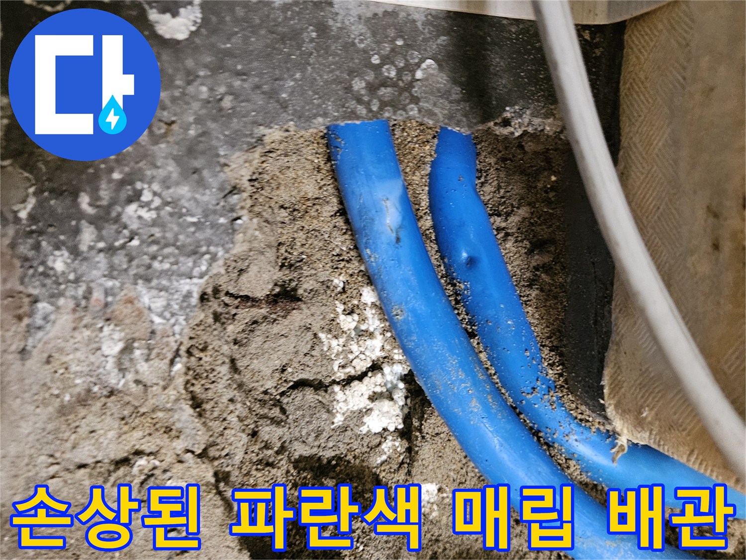 매립된 파란색 배층 배관의 균열 및 누수 발생 부위