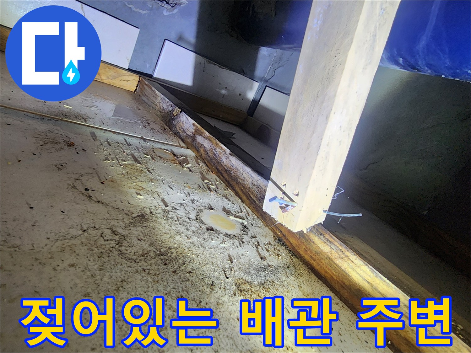 배수구 배관 주위-물기에 의해 젖은 타일과 시멘트 부위