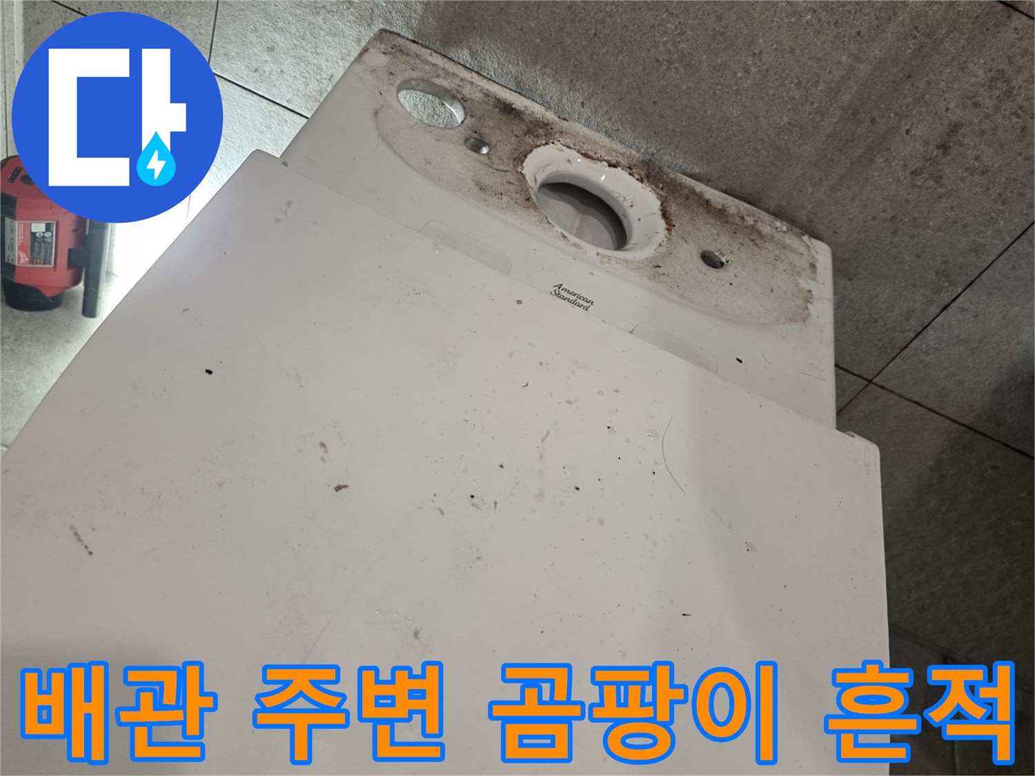 오수관 연결부-누수로 인해 발생한 곰팡이와 타일 변색