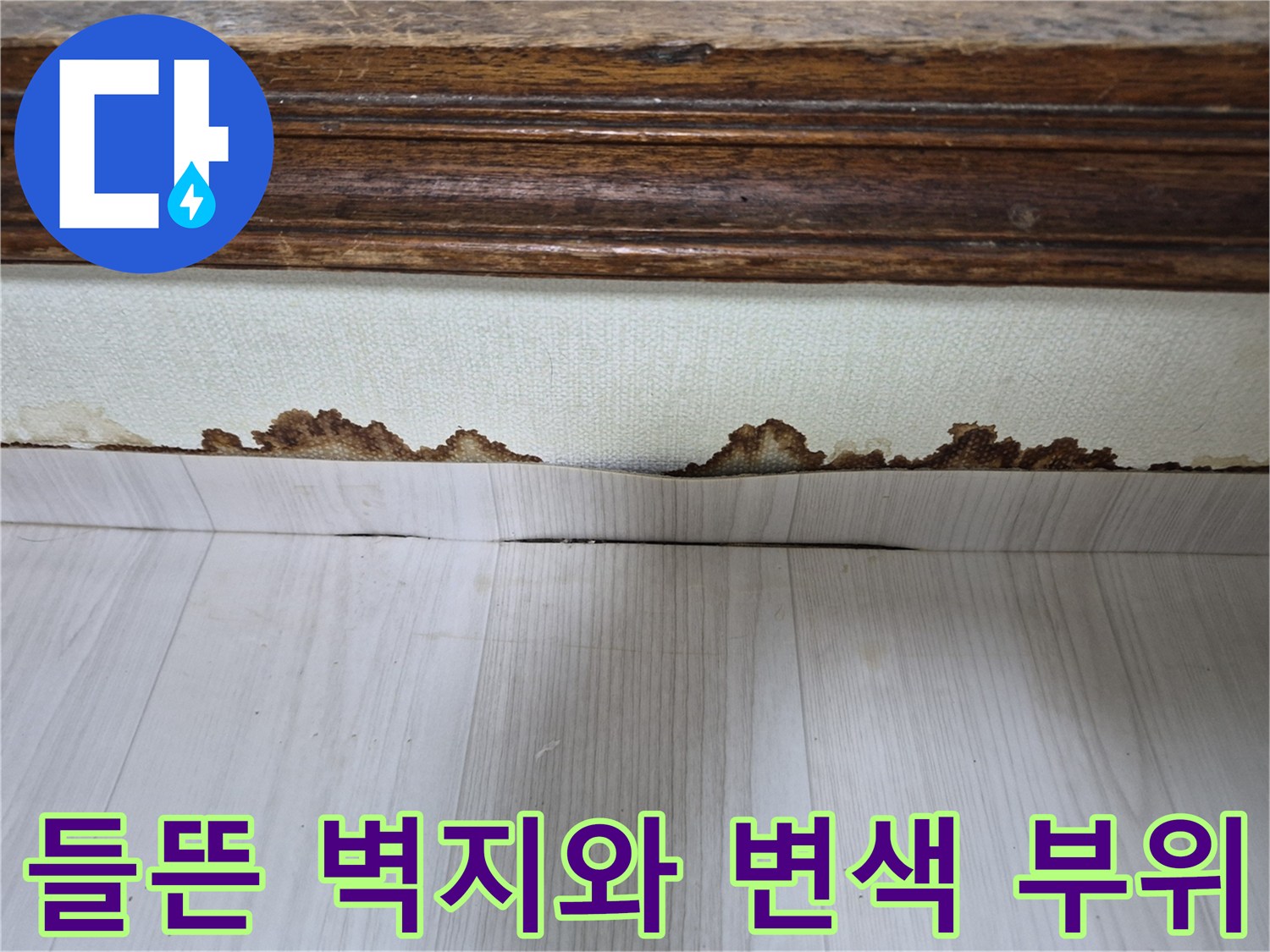 벽지 훼손 부위-갈색으로 오염된 천장 하단부