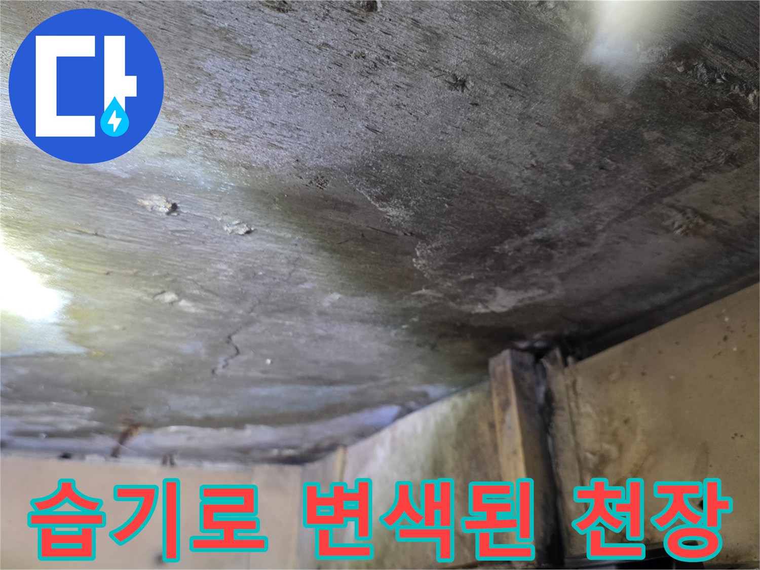 습기 침투로 인해 누렇게 변색된 천장 마감재 표면