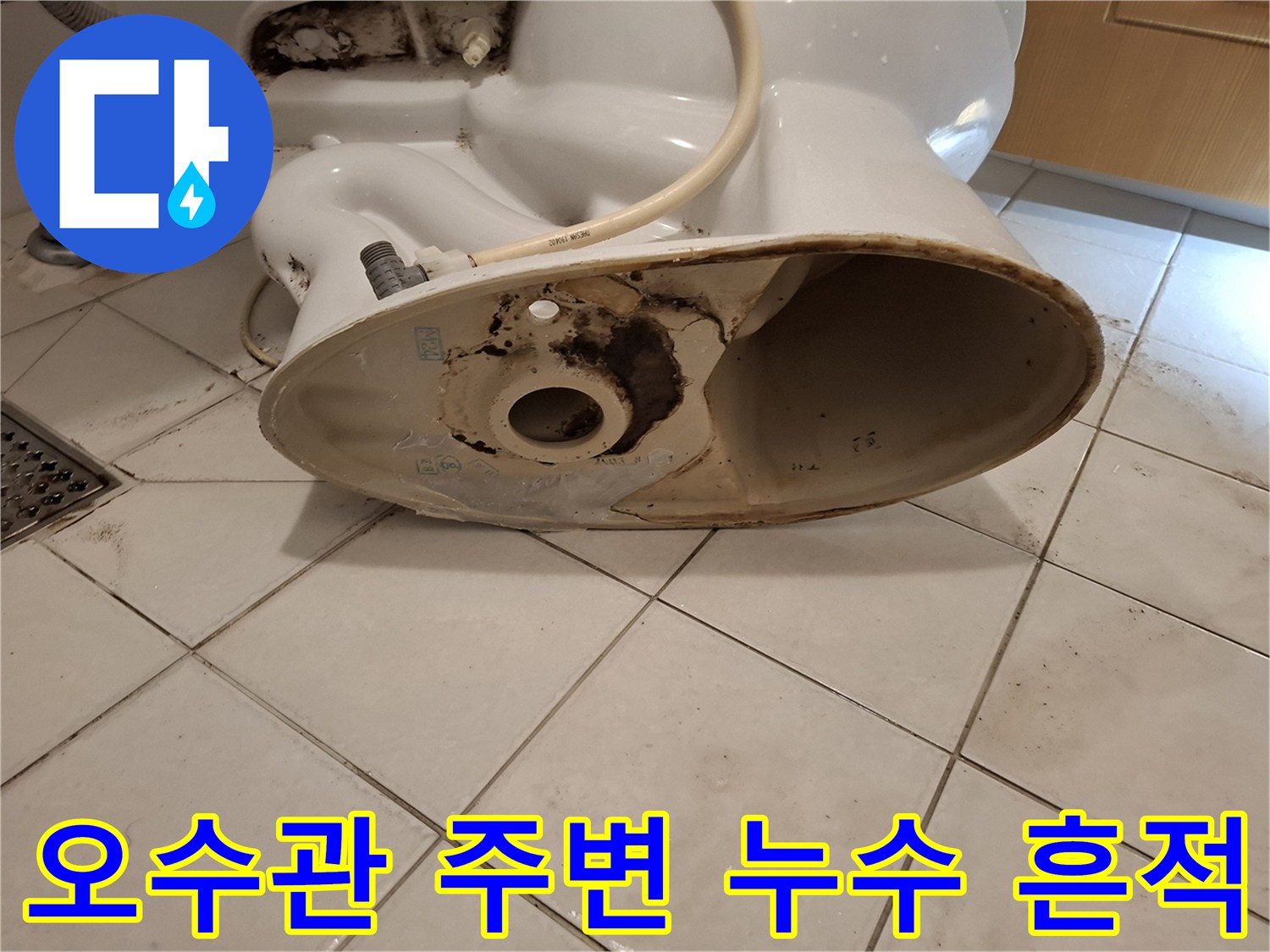변기 하단 오수 배관의 심한 검은색 오염 및 찌꺼기