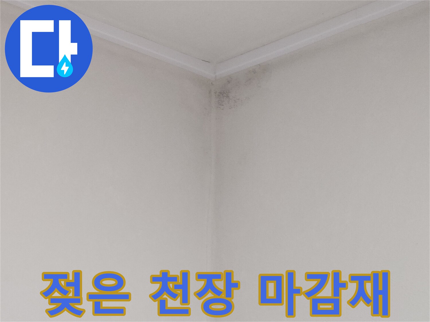누수로 인해 변색되고 곰팡이가 생긴 화장실 천장 구석